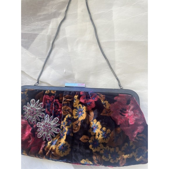 MIMCO Velvet Floral Jewel Tone Brooch Kiss Lock Shoulder Bag Chain Strap Purse - Picture 3 of 7